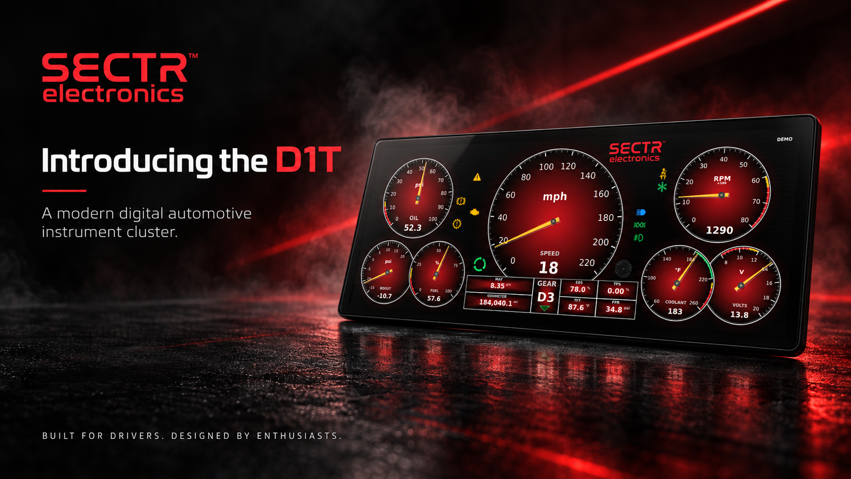 SECTR D1T digital instrument cluster in the SECTR red and black launch environment
